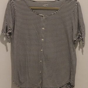 LOFT Outlet Black & White Striped Blouse with Tie Detail on Sleeve